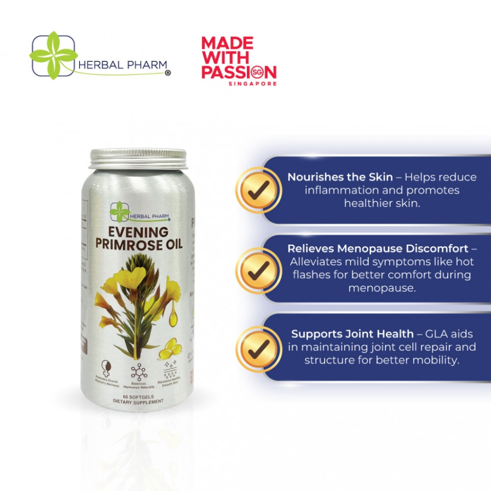 Herbal Pharm - Evening Primrose Oil (EPO) Supplements, 60 Soft Gels | For Pre-Menstrual Syndrome, Menstrual, Feminine Health