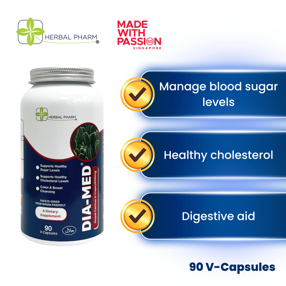Herbal Pharm - Dia-Med Nopal Cactus, 90 V-Capsules | Regulates Blood Sugar Levels and Health Well-Being (Best Sellers)