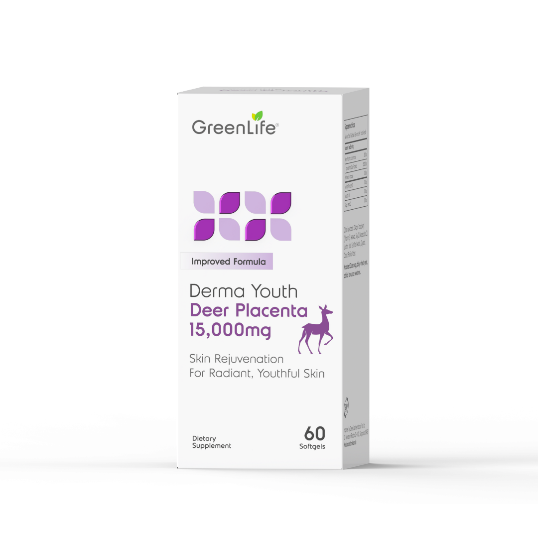 GreenLife Derma Youth Deer Placenta 15,000mg 60 Softgels, Tonic for Skin, Energy [New Packaging and Improved Formula]