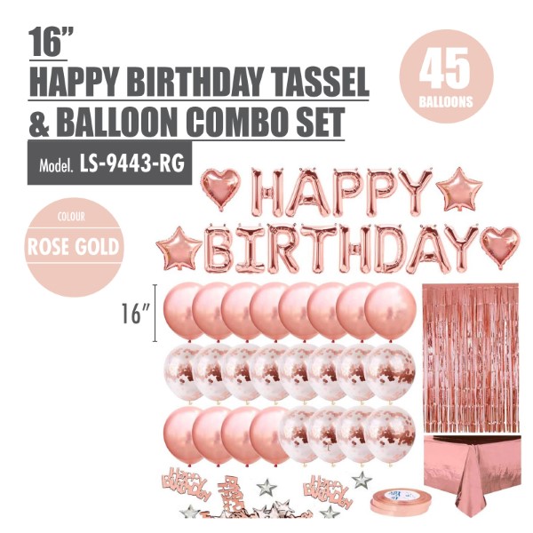 HOUZE - 45pcs "Happy Birthday" Tassel & Balloon Combo Set (Rose Gold / Silver)