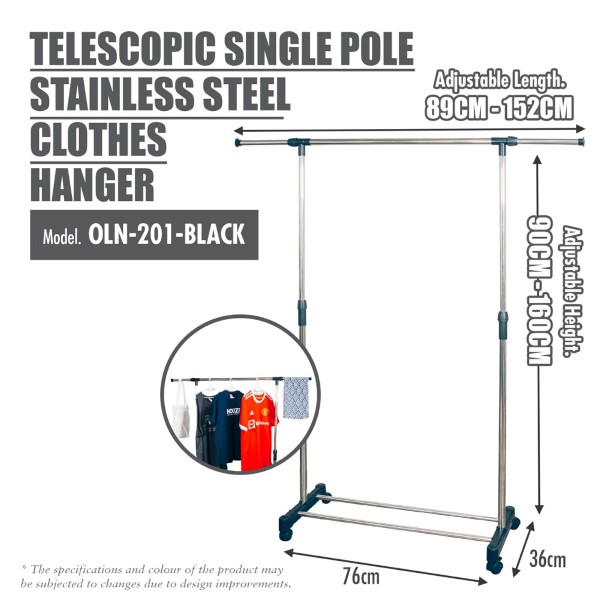 HOUZE - Telescopic Stainless Steel Clothes Hanger (Black) - (Single Pole / Double Pole)