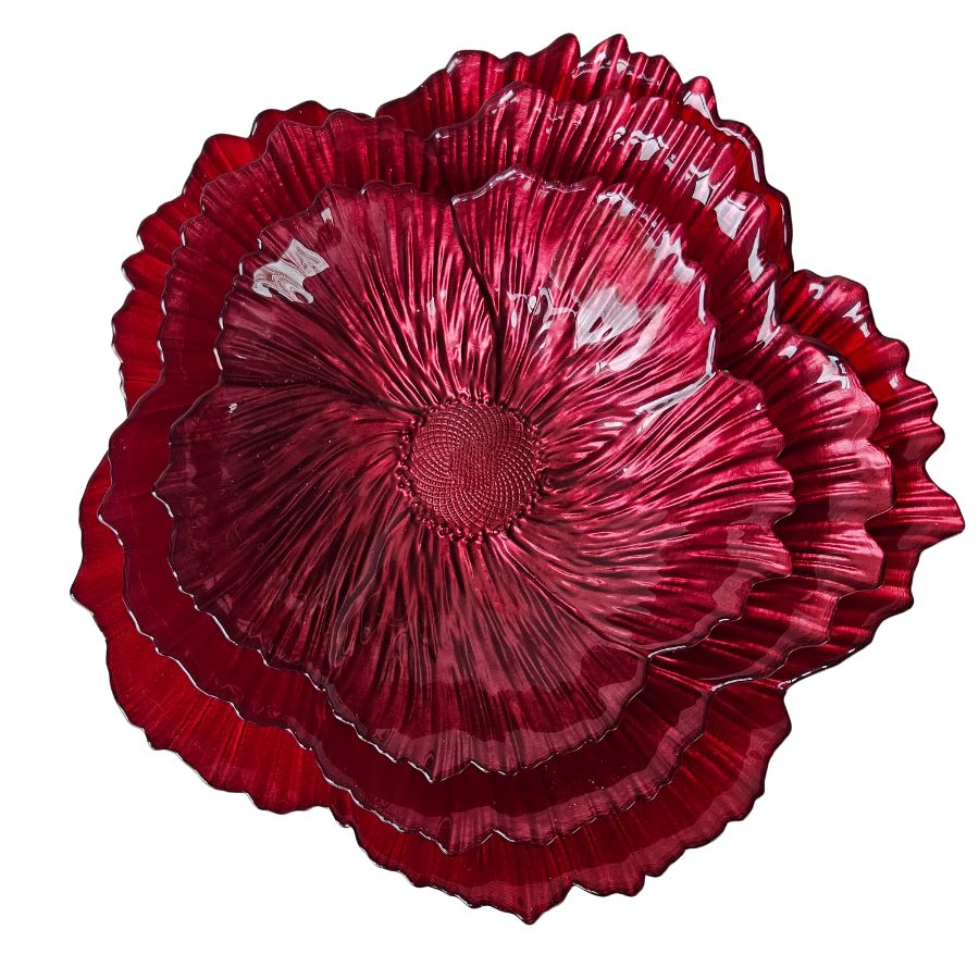 SET OF 3 PEARLESCENT GLASS BOWLS - RUBY RED