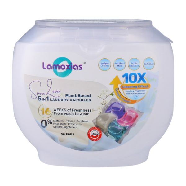[Bundle of 2] Lamoxias® 5in1 Antibacterial Anti-Dust Mites Laundry Capsules - Snow love 50pods/tub
