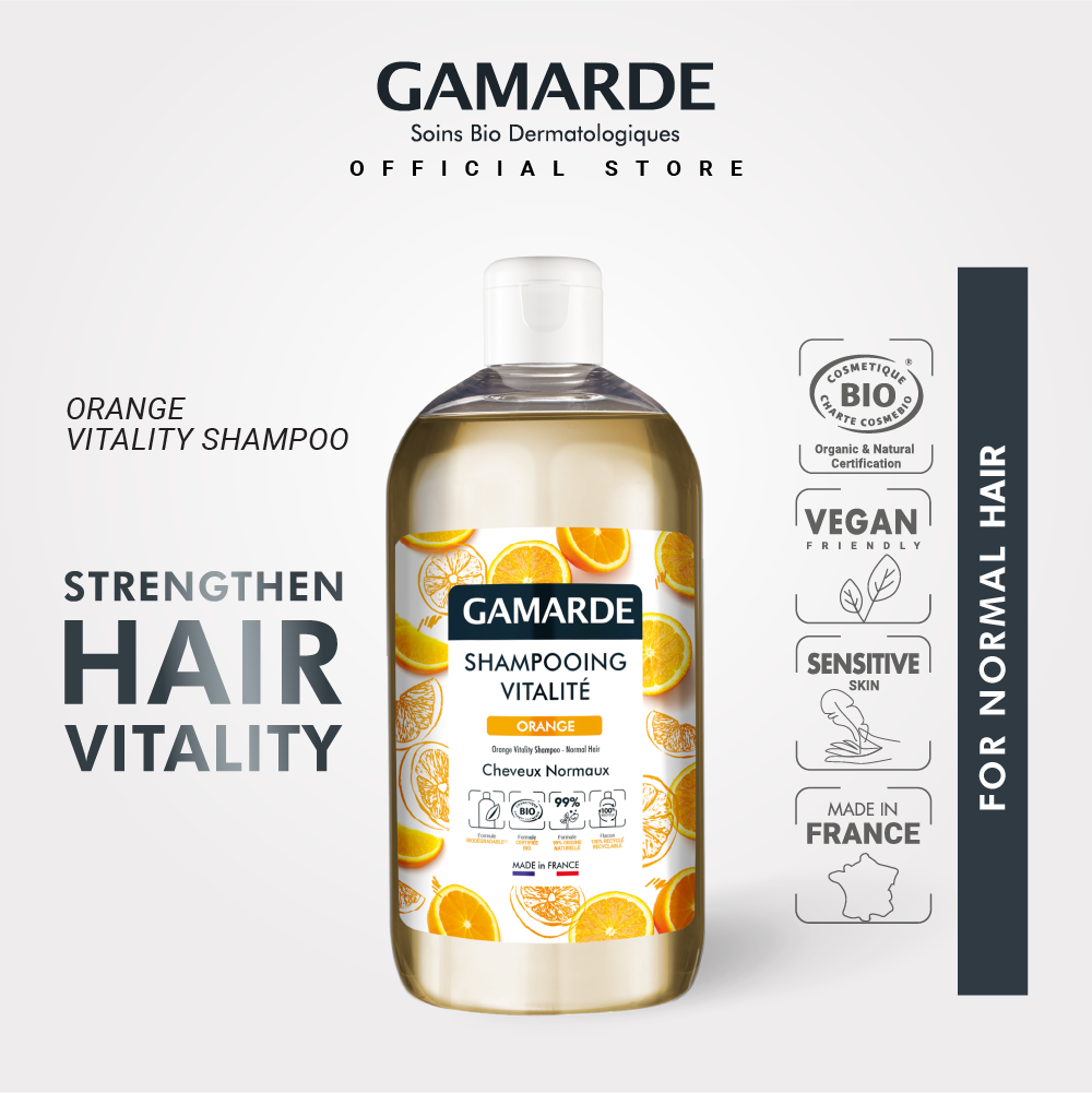 GAMARDE Organic Revitalize Shampoo 500ml with Orange Essential Oil, Strengthen & Shine (SHAMPOOING VITALITE)