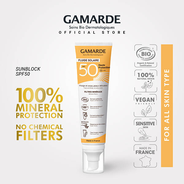 GAMARDE Organic UVA/UVB Sunblock SPF 50 100ml, For Face & Body, 100% Mineral Filters, For Normal & Sensitive Skin