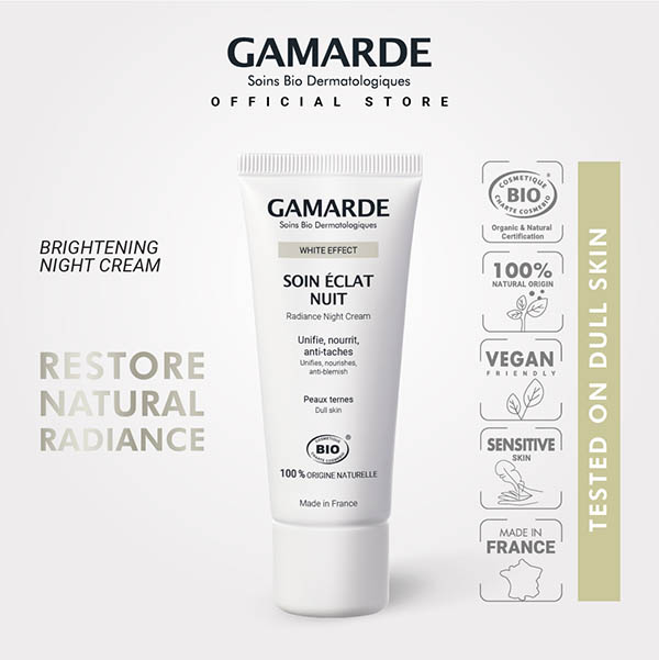 GAMARDE WHITE EFFECT Organic Radiance Brightening Night Cream 40ml, Nourishing For Dull Skin (SOIN ECLAT NUIT)