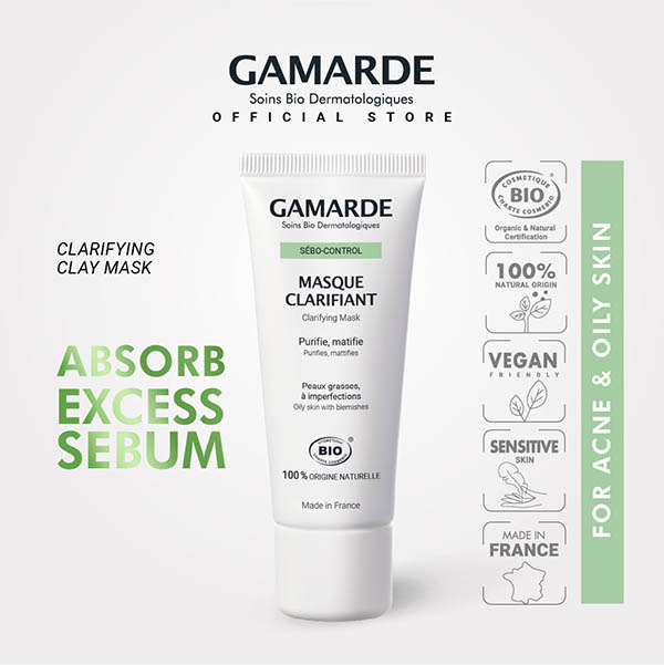 GAMARDE SEBO CONTROL Organic Oil Control Clarifying Clay Mask 40ml, Purifying For Acne & Oily Skin (MASQUE CLARIFIANT)