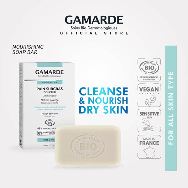 GAMARDE Organic Nourishing Soap Bar 100g, Cleansing & Moisturizing Dry Skin with Rich Creamy Foam (PAIN SURGRAS DOUCEUR)