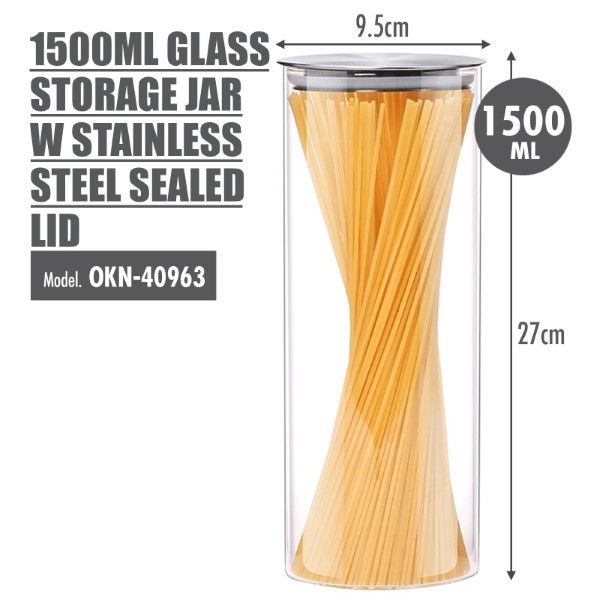 HOUZE - Glass Storage Jar with Stainless Steel Sealed Lid (Dia: 9.5cm) - (1500ml / 1200ml / 900ml)