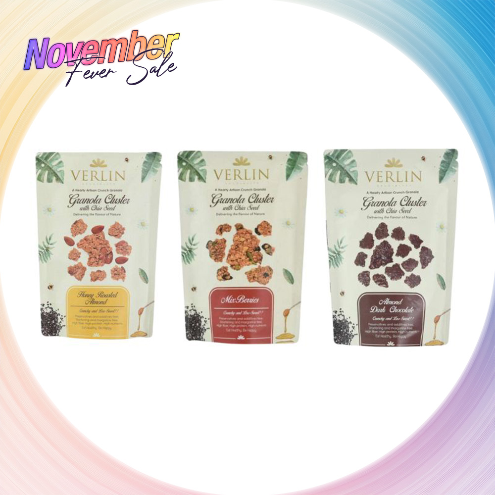 Verlin Granola Cluster with Chia Seed Assorted Flavor (Almond Dark Chocolate, Honey Roasted Almond, Mix Berries) 150g Halal