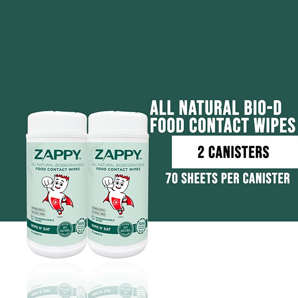 Zappy All Natural Biodegrable Food Contact Canister Wipes 70 Sheets x 2 Bottles