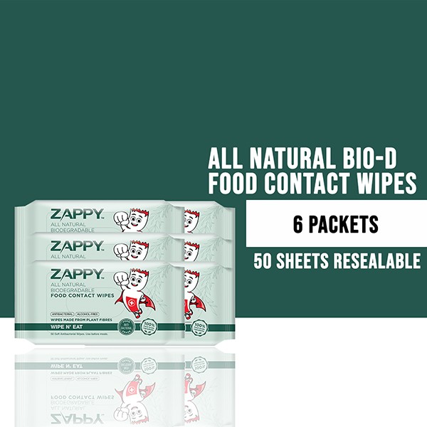 Zappy All Natural Biodegradable Food Contact Wipes 50 Sheets x 6 Packets