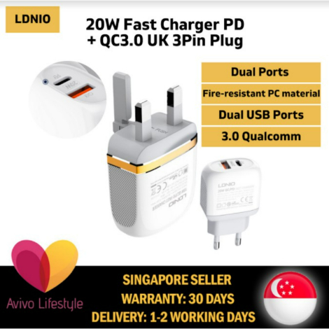 LDNIO 20W Fast Charger PD + QC3.0 UK 3Pin Plug (Includes USB-C cable)