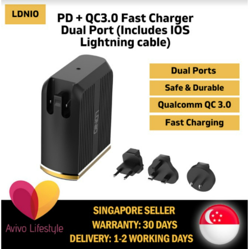 LDNIO PD + QC3.0 Fast Charger Dual Port (Includes IOS Lightning cable)