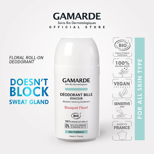 GAMARDE Organic Roll On Deodorant 50ml with Floral Fragrance, Neutralizing Odor (DEODORANT BILLE DOUCEUR BOUQUET FLEURI)