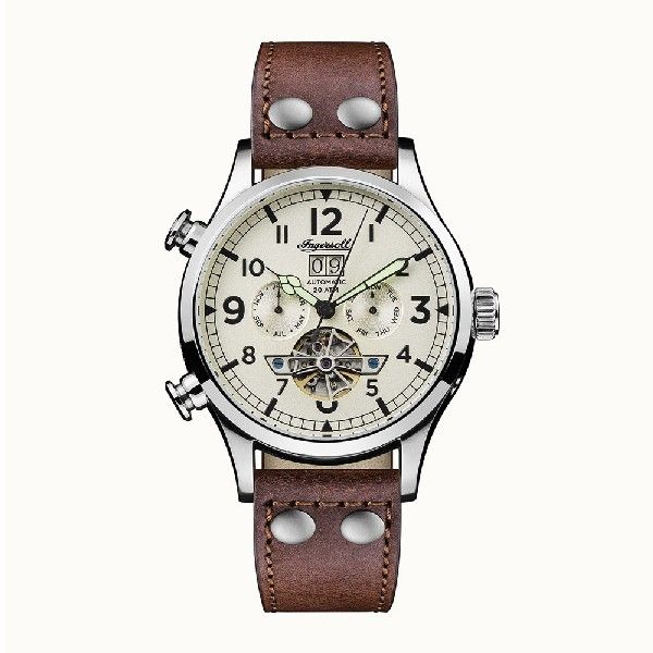 INGERSOLL THE ARMSTRONG AUTOMATIC SILVER STAINLESS STEEL I02101 BROWN LEATHER STRAP MEN'S WATCH
