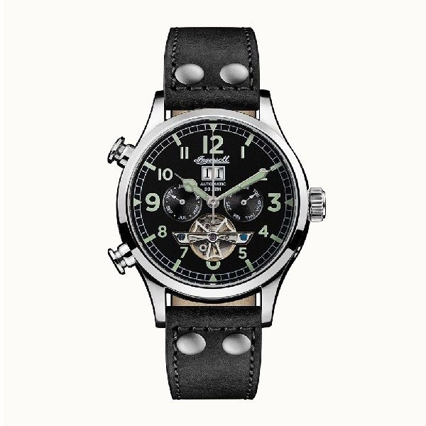 INGERSOLL THE ARMSTRONG AUTOMATIC SILVER STAINLESS STEEL I02102 BLACK LEATHER STRAP MEN'S WATCH
