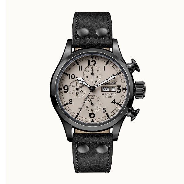 INGERSOLL THE ARMSTRONG AUTOMATIC GREY STAINLESS STEEL I02202 BLACK LEATHER STRAP MEN'S WATCH