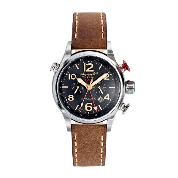 INGERSOLL LAWRENCE AUTOMATIC SILVER STAINLESS STEEL IN3218BK BROWN LEATHER STRAP MEN'S WATCH