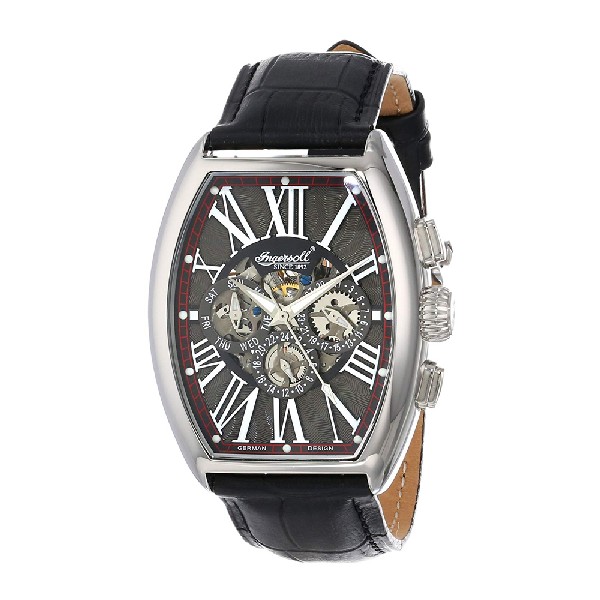 INGERSOLL ARAPAHO AUTOMATIC SILVER STAINLESS STEEL IN3606GY BLACK LEATHER STRAP MEN'S WATCH