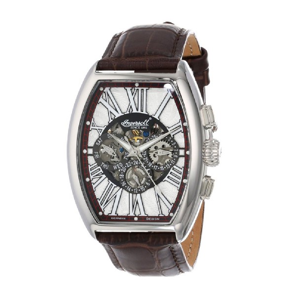INGERSOLL ARAPAHO AUTOMATIC SILVER STAINLESS STEEL IN3606WH BROWN LEATHER STRAP MEN'S WATCH