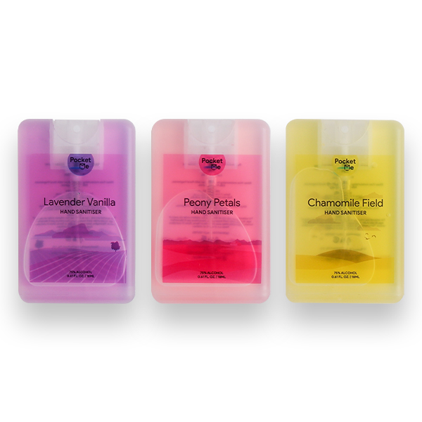 Pocket Me Hand Sanitizer Spray - 1 x  Lavendar Vanilla 18ml + 1 x Peony Petals 18ml + 1x Chamomile Field 18ml