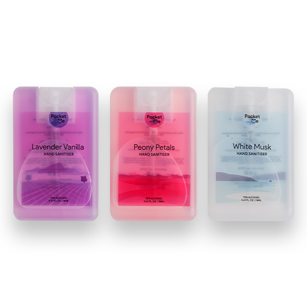 Pocket Me Hand Sanitizer Spray - 1 x  Lavendar Vanilla 18ml + 1 x Peony Petals 18ml + 1x White Musk 18ml