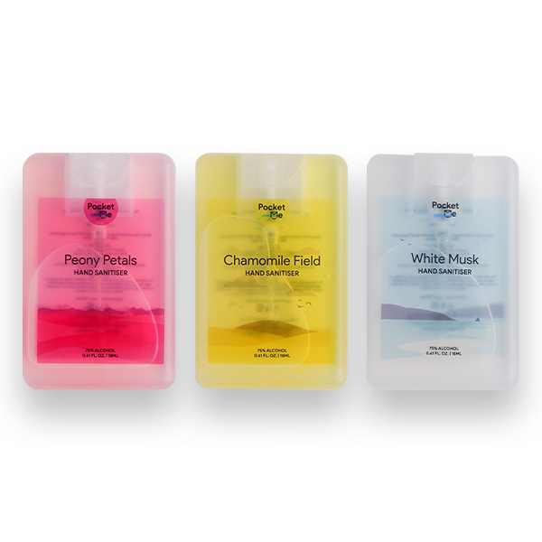 Pocket Me Hand Sanitizer Spray - 1 x  Peony Petals 18ml + 1 x Chamomile Field 18ml + 1x White Musk 18ml