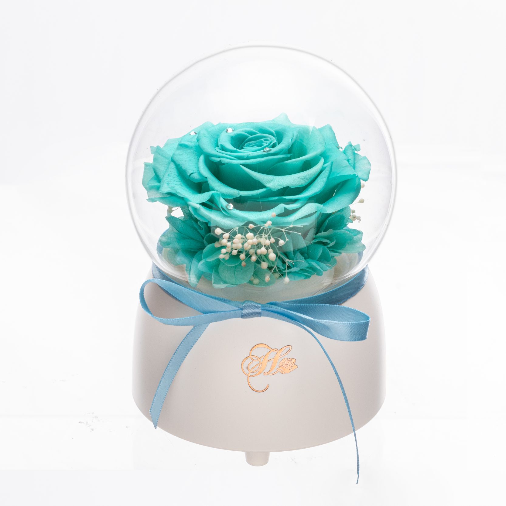 Her Rose Only Love Music Globe (Tiffany Blue + White)
