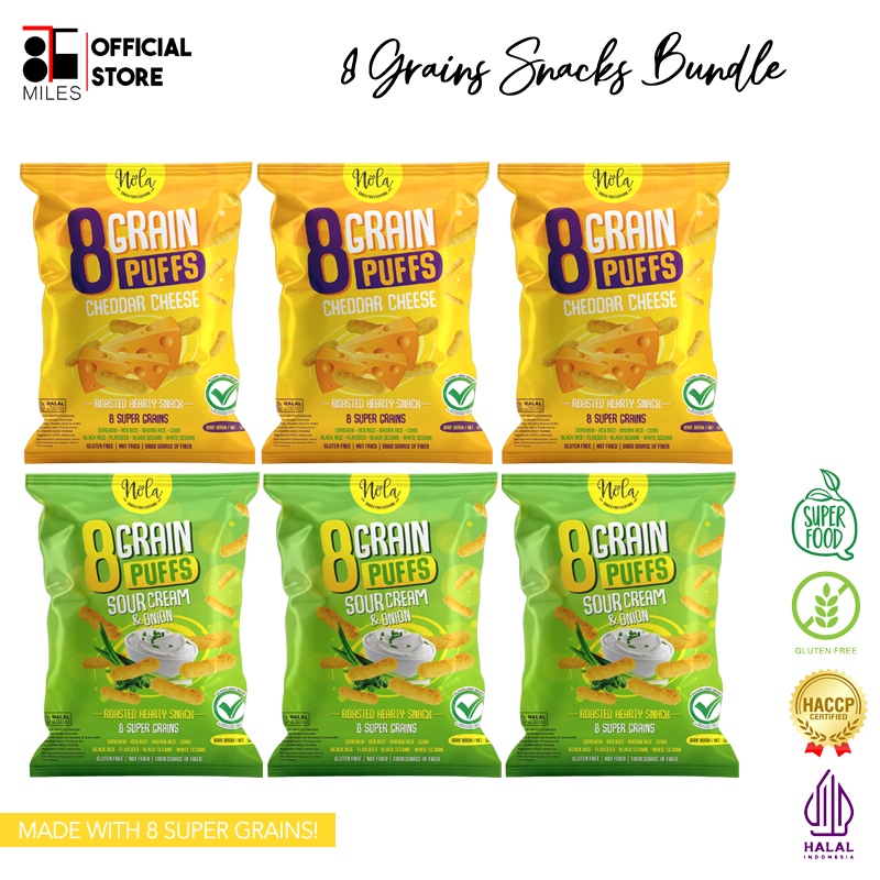 NOLA 8 Grain Sorghum Puffs Snacks Bundle 6 packs (3 Sour Cream & Onion, 3 Cheddar Cheese) Halal