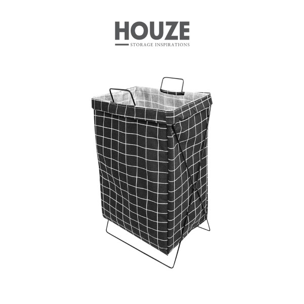 HOUZE - Black Checkered Laundry Bag with Matt Gold Steel Frame