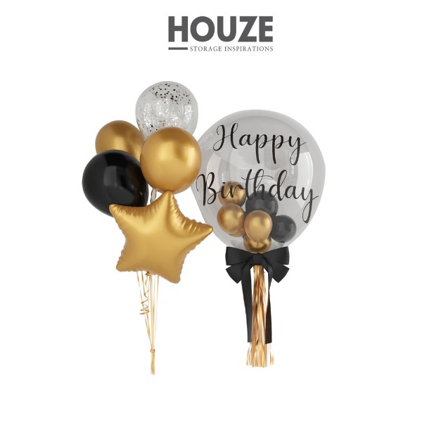 HOUZE - 14pcs 'Happy Birthday'  Bubble Balloon Bouquet (Black & Gold | 24")