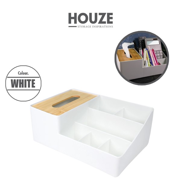 HOUZE - Bamboo Tissue Box With Desktop Storage Organiser (Grey / White)
