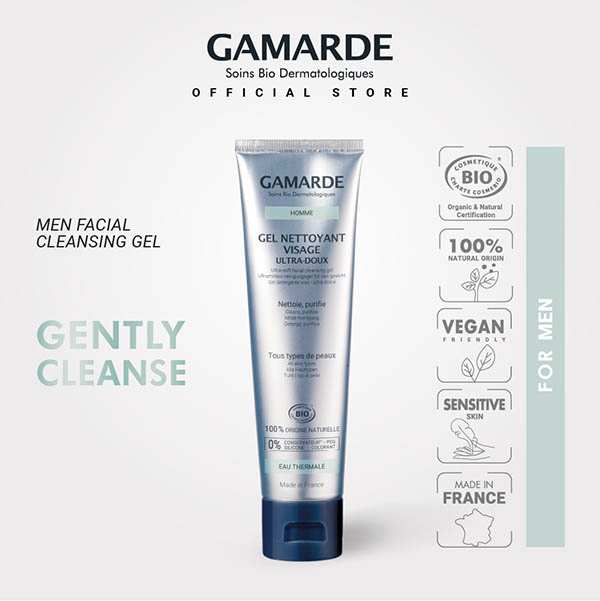 GAMARDE HOMME Organic Men Ultra Gentle Facial Cleansing Gel 100ml Purifying Impurities (GEL NETTOYANT VISAGE ULTRA DOUX)