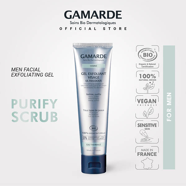 GAMARDE HOMME Organic Men Ultra Soft Facial Exfoliating Gel 100ml, Mild Scrub (GEL EXFOLIANT VISAGE ULTRA DOUX)