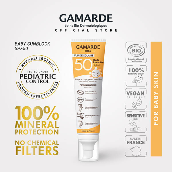 GAMARDE BEBE Organic UVA/UVB Sunblock Baby & Kids SPF 50 100ml, 100% Mineral Filter, For Face & Body