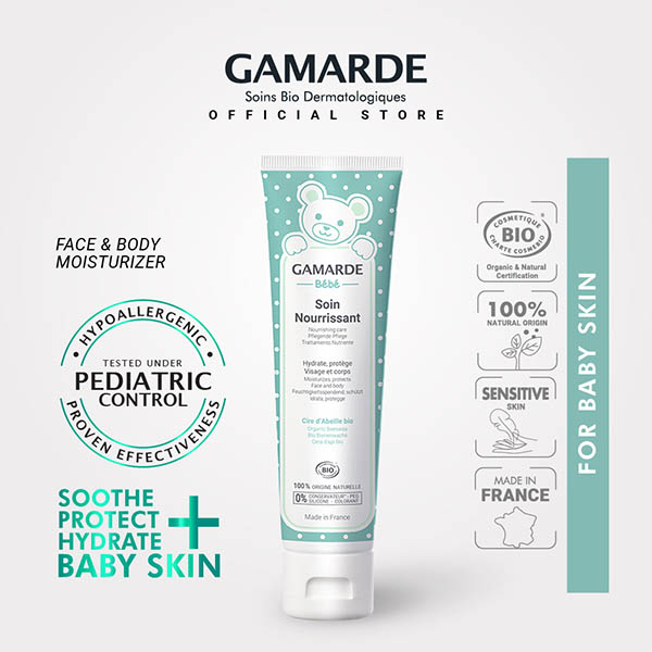 GAMARDE BEBE Baby Organic Face & Body Moisturizer 100ml, Hypoallergenic for Sensitive skin (SOIN NOURRISSANT)