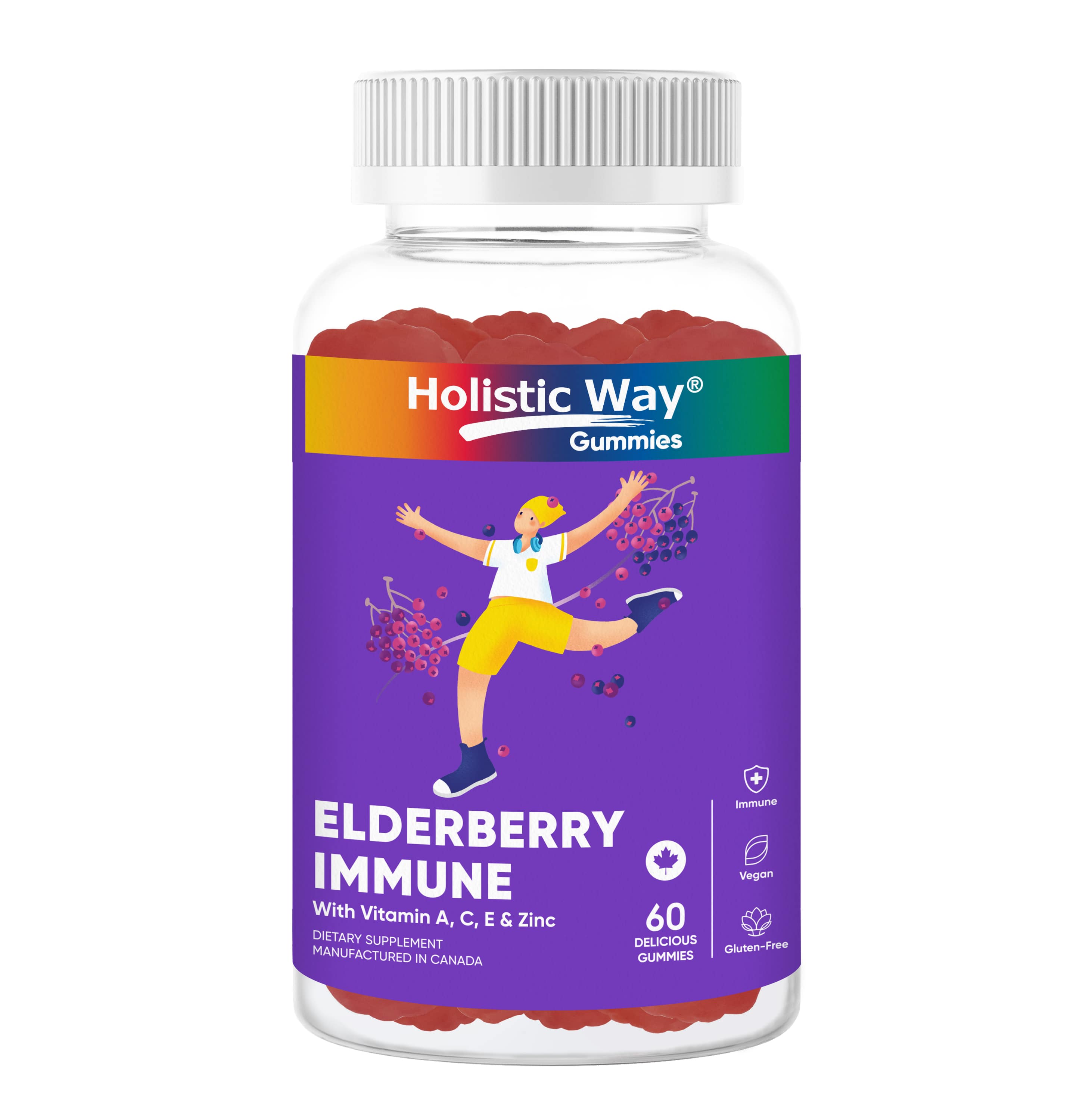 Holistic Way Elderberry Immune Gummy with Vitamin A, C, D, E & Zinc, Vegan (60 Gummies)