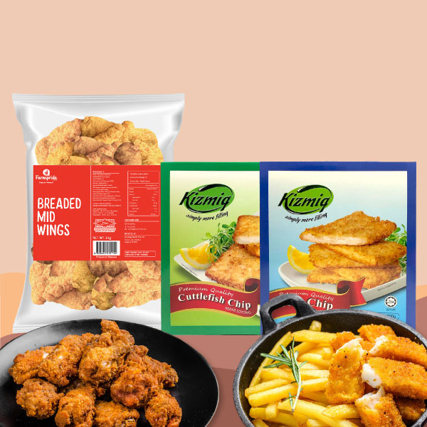 Farmpride Breaded Mid Wings & Kizmiq Fish/Cuttlefish Chip Frozen (Halal)