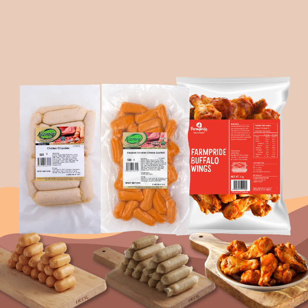 Farmpride Buffalo Wings & Kizmiq Chipolata/Coctail Frozen (Halal)